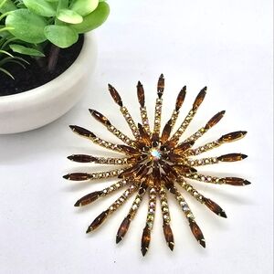 Starburst Atomic Brooch Juliana-Style HUGE Vintage Garnet Gold-tone